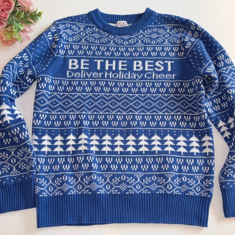 Blue and White Ugly Christmas Sweater Be the Best Deliver Holiday Cheer
